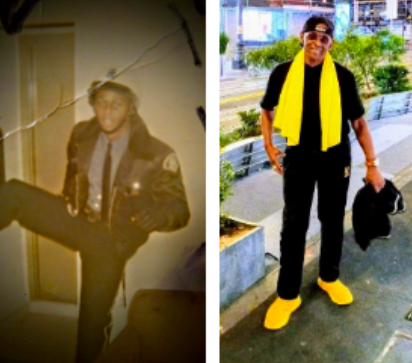 Two photos of same man. Photo on left is man in uniform. Photo on right is man standing smiling in black pants and yellow shoes.